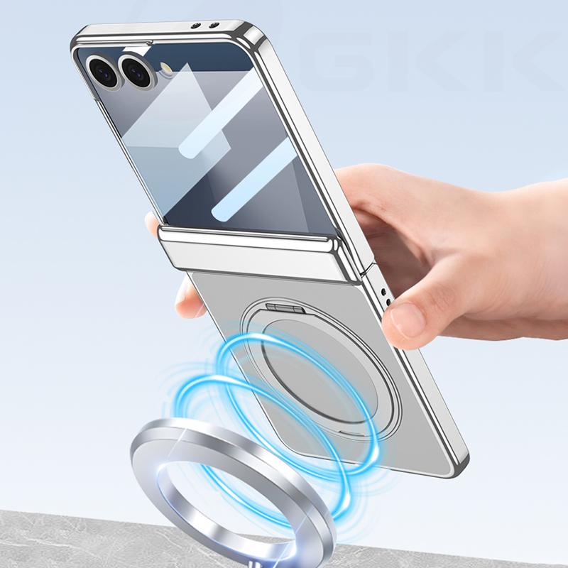 Magnetic Hinge Ring Holder Case for Samsung Galaxy Z Flip 7 Luxury Plating Edge Screen Glass Hard Cover for Galaxy Z Flip7 Case
