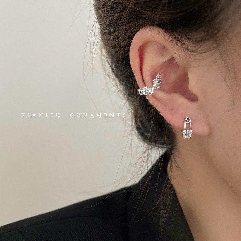 Zircon Wing Asymmetrical Stud Earrings - Elegant Korean Style Ear Cuff for Women