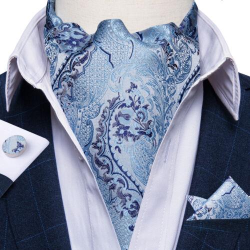 Mens Ascot Silk Cravat Blue Paisley Tie Handkerchief Cufflinks Set Formal Party