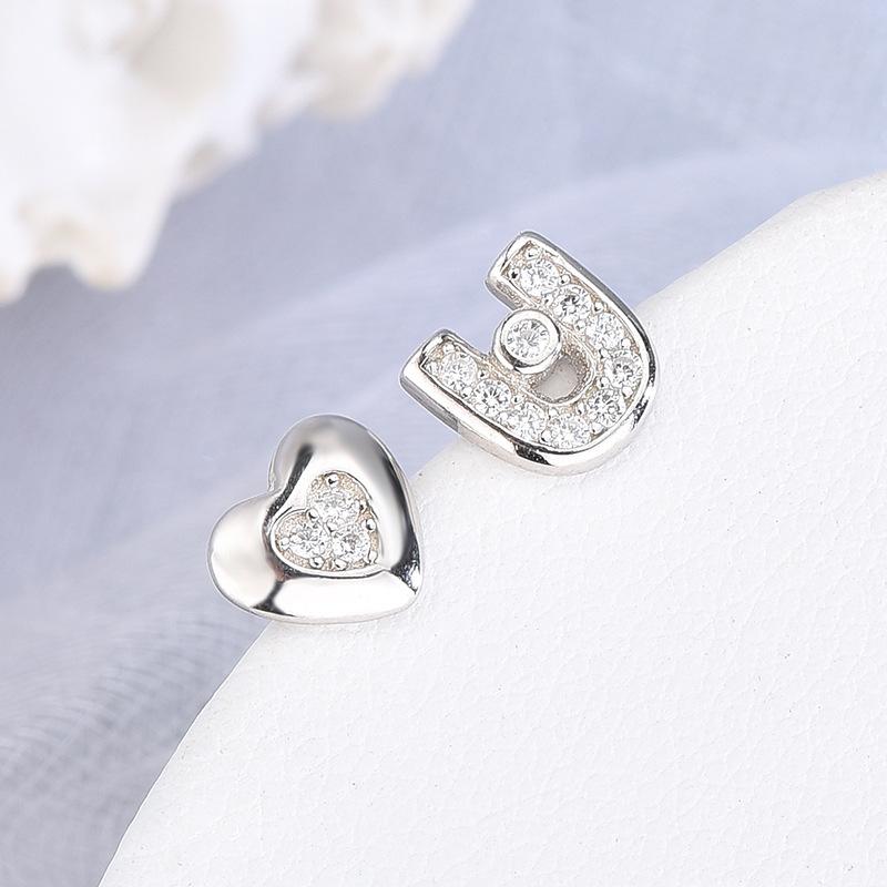 S925 Korean Style Sweet Asymmetric Earrings IOU Love Alphabet Letter Earrings Creative Design Heart-Shaped U-Shaped Earrings