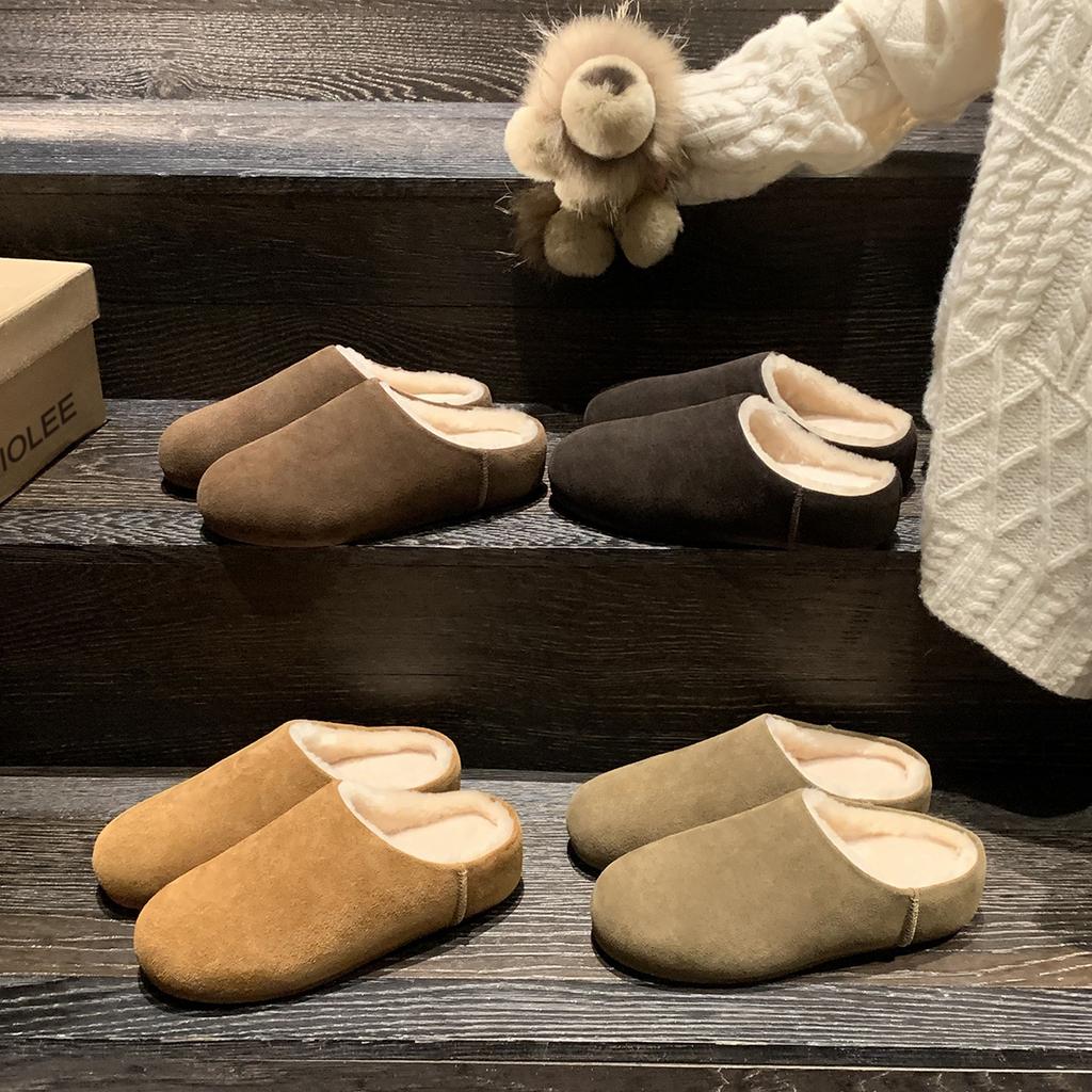 Wool~ Grape Ma Inner Height Increase of 4cm Warm and Velvet Birkenstocks Thick-soled Lazy Fluffy Half Slippers Outer Cotton Shoes