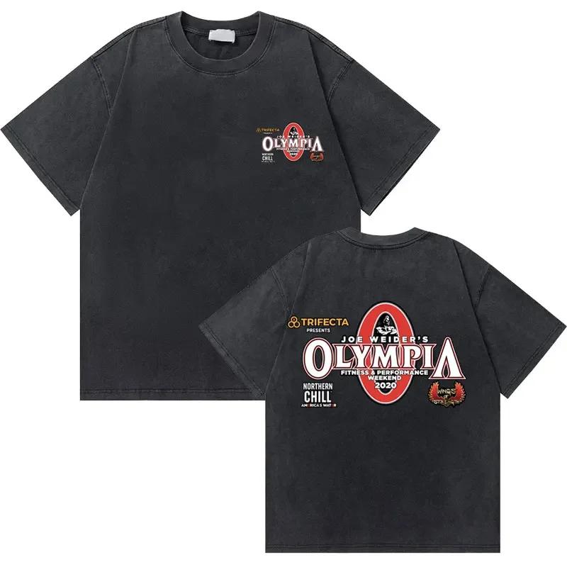 T-shirt Vintage Lavate Olympia Amateur Corea Stampa Double Face Uomo Fitness Palestra Copri Muscoli T-shirt Moda Maschile T-shirt Oversize