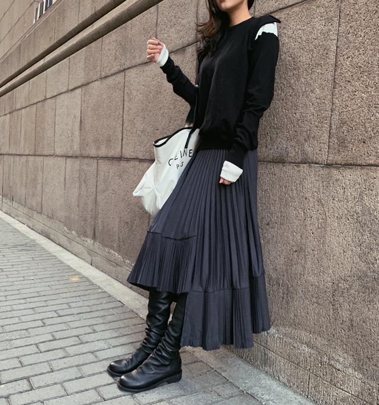 Autumn/Winter 2025 Women's High-Waisted Black Fishtail Pleated Mid-Length Skirt with Irregular Hem