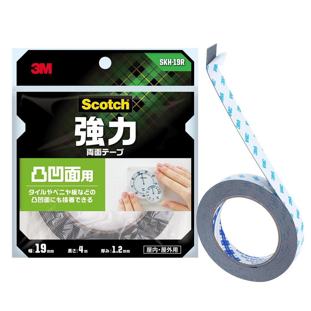 3M Scotch for Uneven 19mm 4m for Tiles and SKH-19R Double-Sided Tape, Strong, Surfaces, Wide, Long, Plywood.