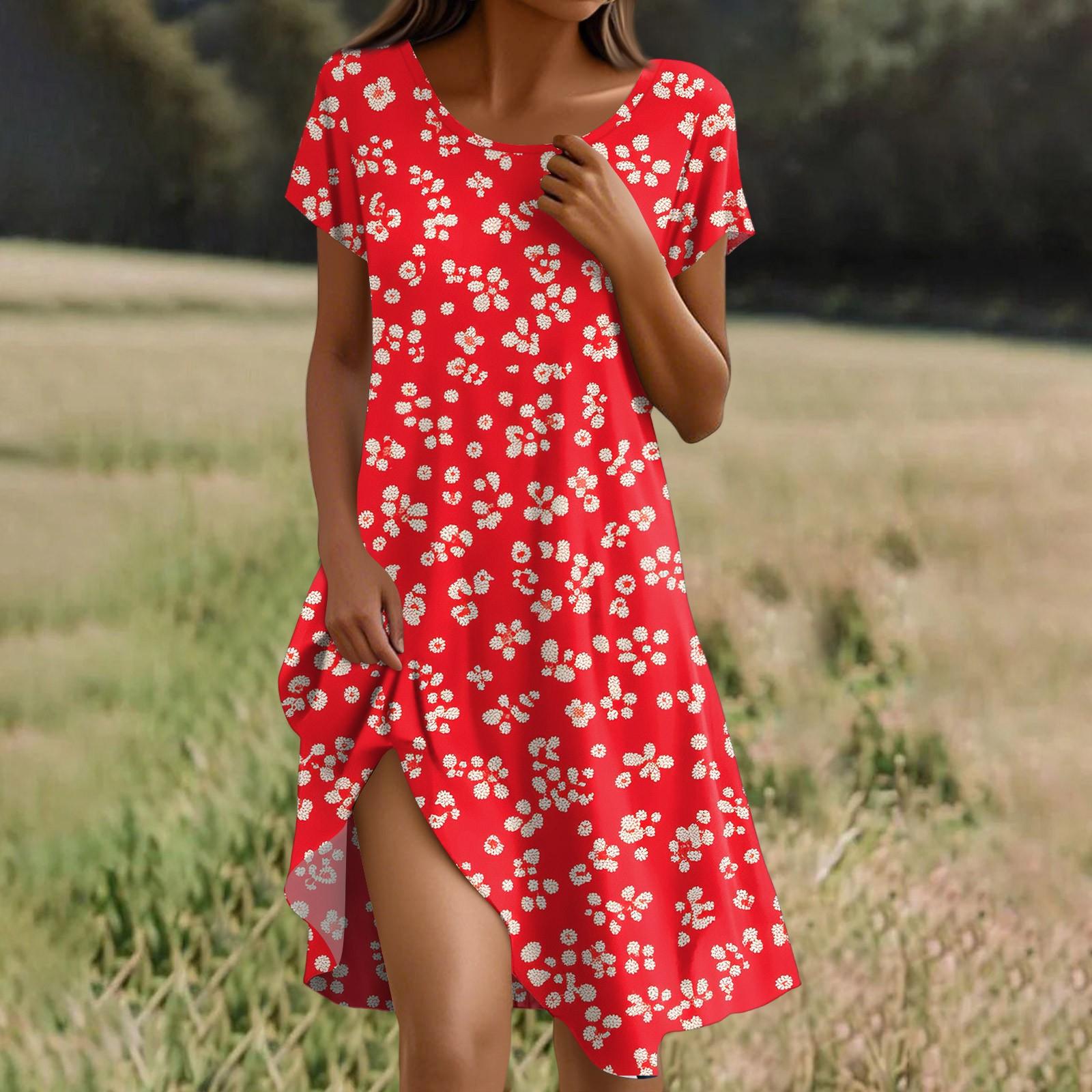 

Short Sleeve Boho Dress For Women Casual Loose Fit Summer Sundress Floral Print Dress With Pockets XL рожевий