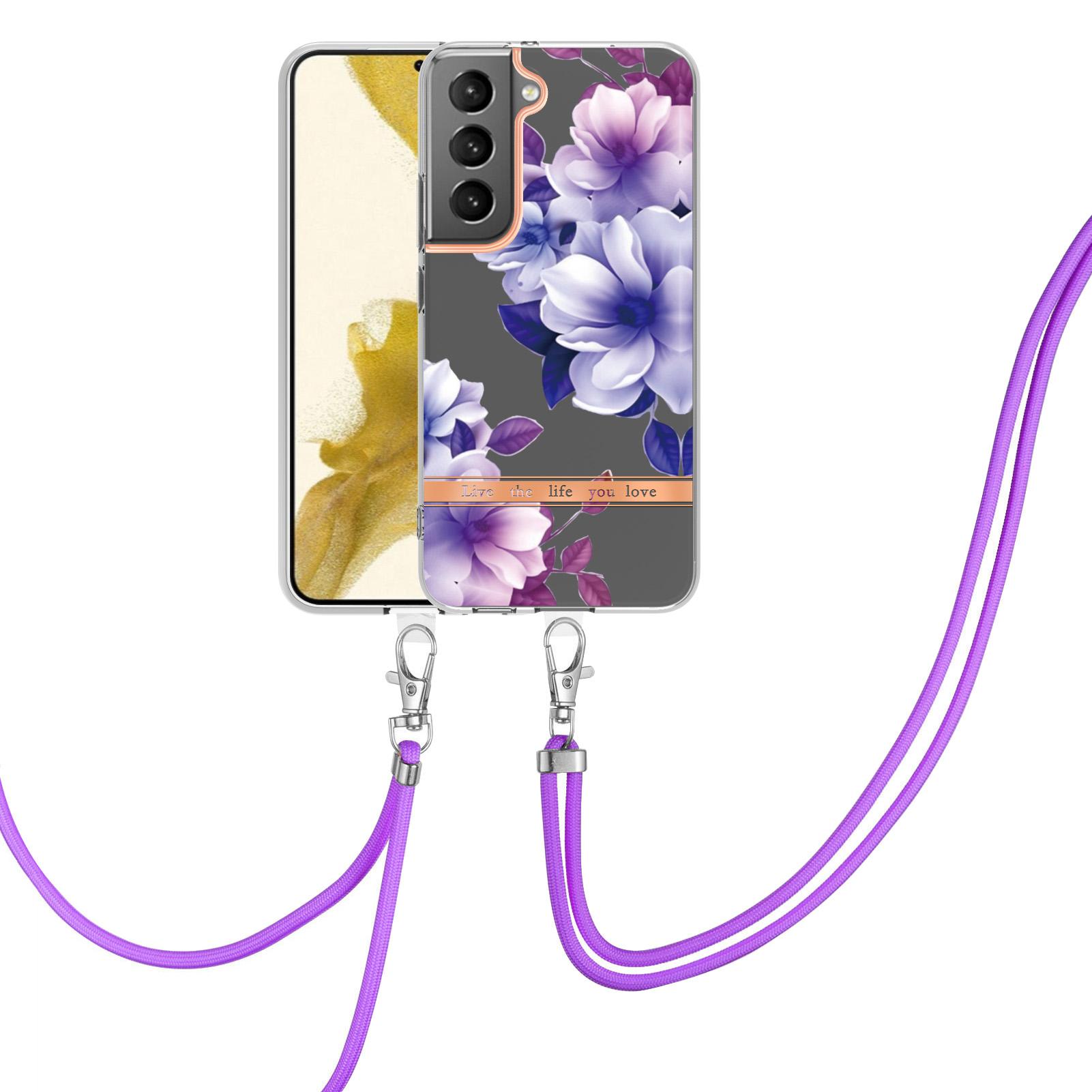 

For Samsung Galaxy S23 Back Cover with Shoulder Strap Flower Pattern Electroplating TPU Case HC004 Purple Begonia