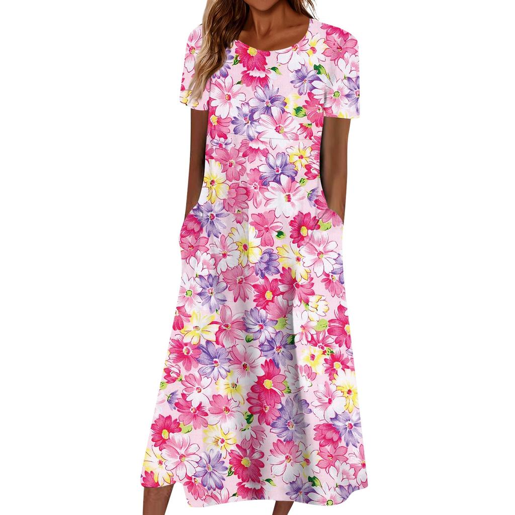 Summer Dress For Women Casual Printed V-Neck Short-Sleeve Beach Swing Dress