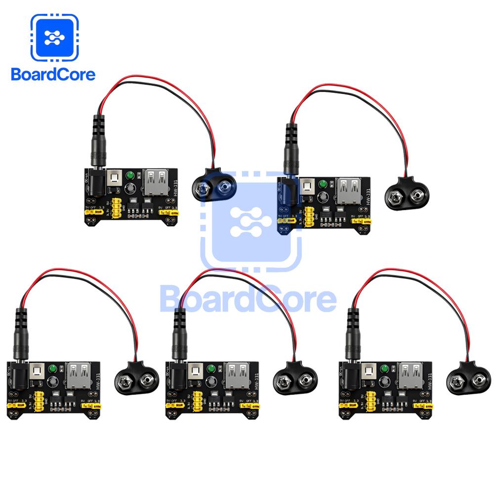 1-5set NEW 3.3V 5V MB102 Solderless Breadboard Power Supply Module 9V Battery Clip Power Cable 2.1x 5.5mm Male DC Jack Plug