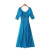 Wood Ruched Chest Bow U Collar Puff Sleeve Dress Elastic High Waist Pleated Swing Midi Long Dresses Holiday Vestidos