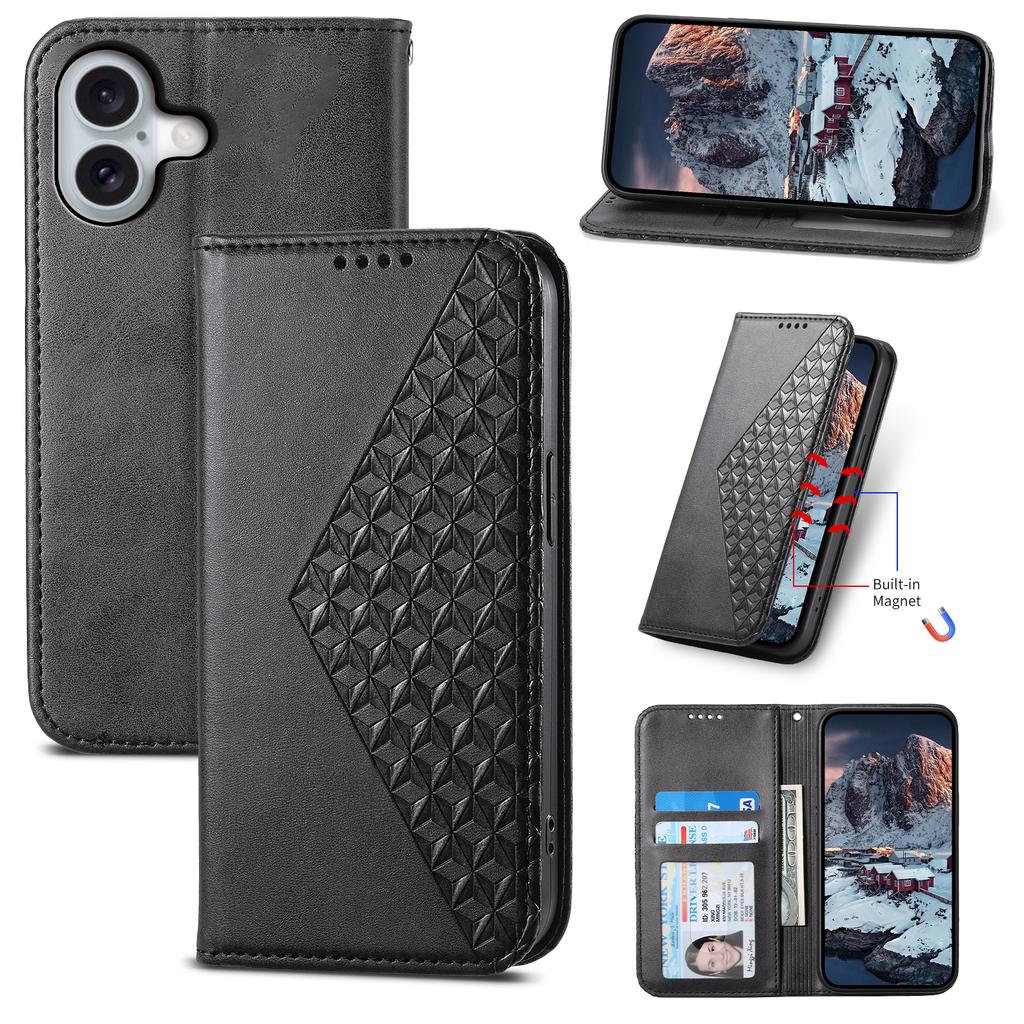 For iPhone 16 Wallet Case Calf Texture PU Leather Phone Cover with Strap
