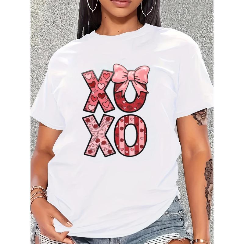 European Size Women's Short Sleeve T-shirt, Five Colors. "XOXO" Valentine's Day Graphic Tee Women's Summer New Pink Bow and Hearts Print Top