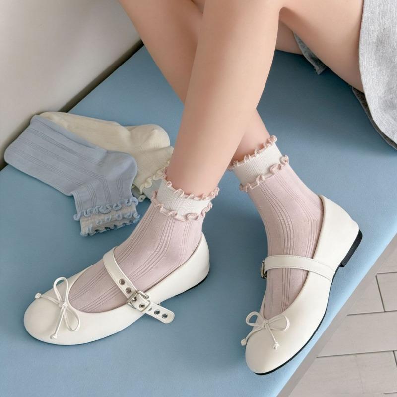 Summer Lightweight Ankle-length Ballet-style Mesh Open-weave Earflap Pile Socks, Sweet Socks Made of Pure Cotton