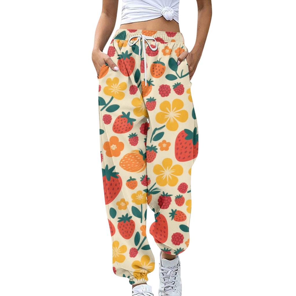 Damesportbukser med lommer Mote Blomstertrykk Elastisk midje Bukser Casual Joggebukser