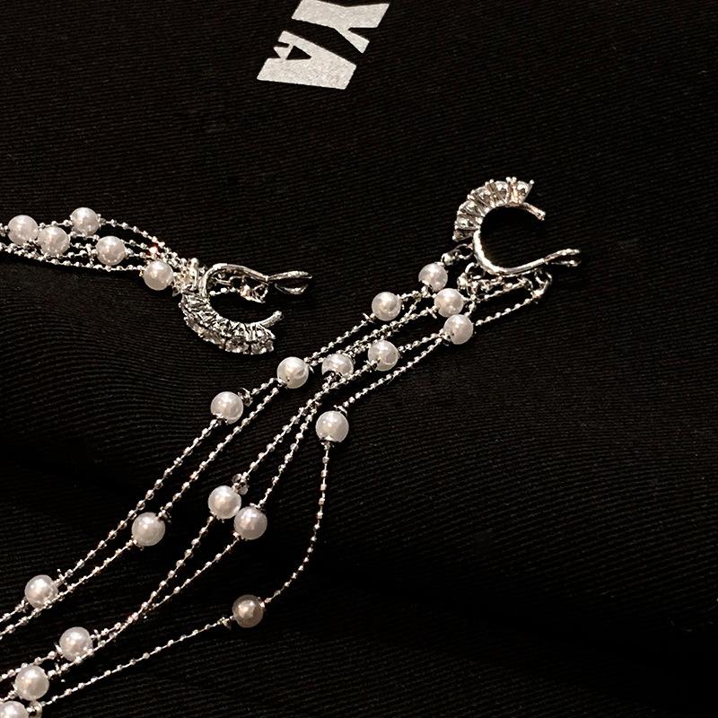 Pearl super long fringed earclip fashion exaggerated design sense earrings personality light luxury earrings niche high sense
