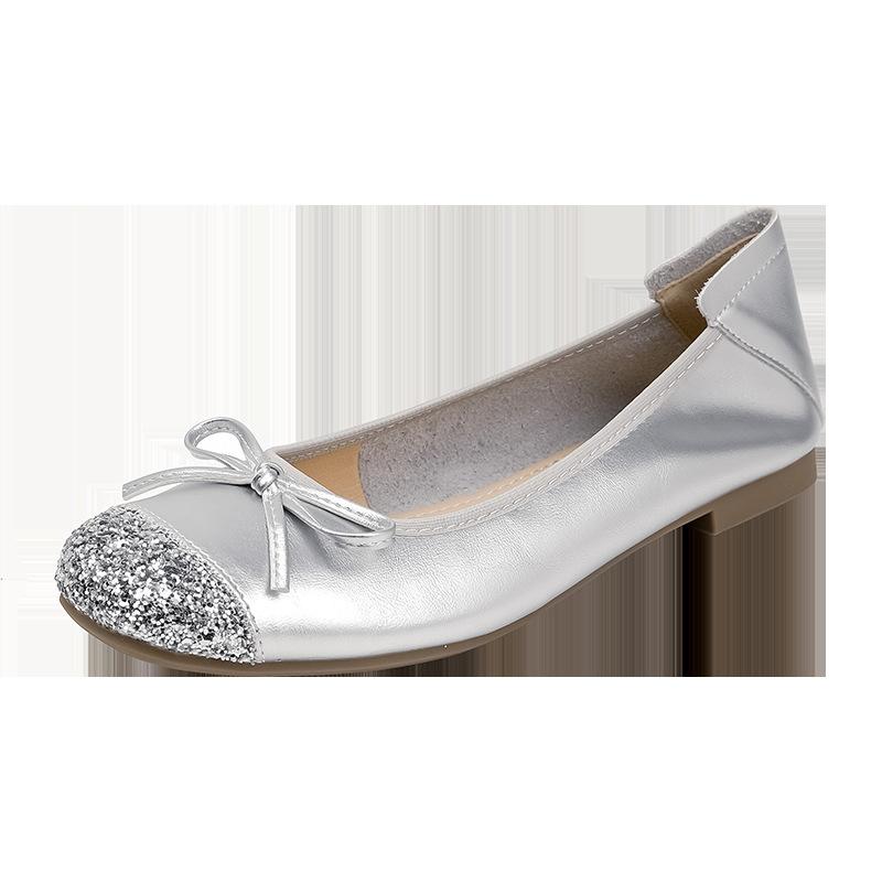 Girls' Champagne Flat Ballet Shoes with Bowknot, Soft Sole Low-Cut Grandma Shoes, Stylish Casual Single Shoes for Daily Wear XW-977-18