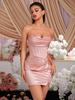 Pink Satin Pleated Twisted Slit Corset Bodycon Party Gown