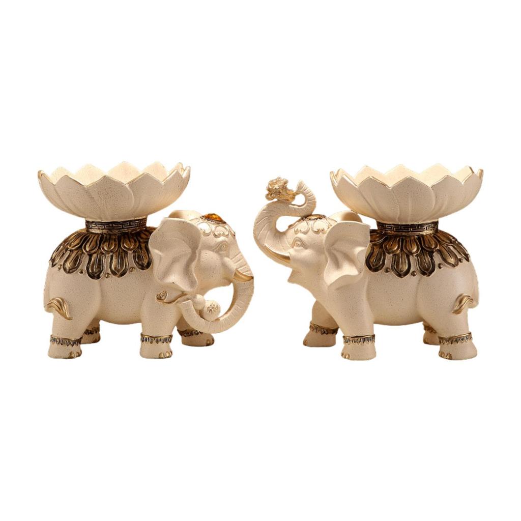 Couple Elephant Figurines with Fruit Tray Resin Handicraft for Wedding Party