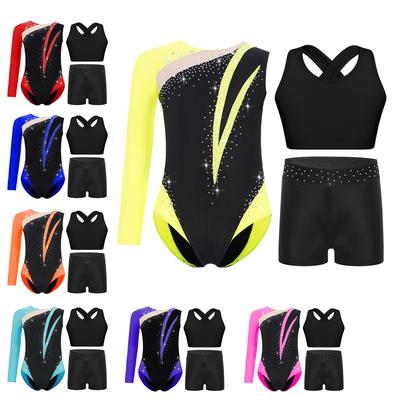 Girls Figure Skating Performance Wear Shiny Rhinestones Color Block Asymmetrical Leotard Round Neck with Cross Back Keyhole Vest and Shorts Set