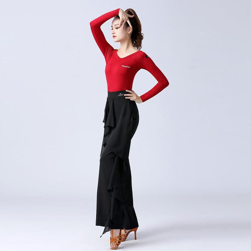 Latin Dance Pants Modern Dance Women High Waist Ruffle Wide Pants Ballroom Tango Samba Trousers Performance Practice Costume