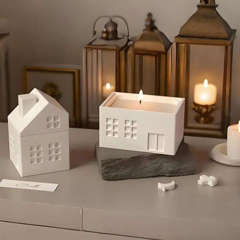 A Top Quality House Shape Candle Jar Silicone Mold DIY Handmade Houses Plaster Casting Molds Concrete Resin Craft Gift Making