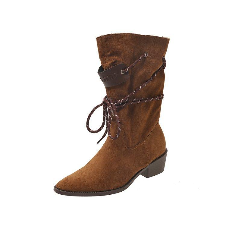 

Ретро ботильоны на толстом каблуке из коричневой замши средней высоты, женские, 2025, новые тонкие ботинки, весенне-осенние одинарные ботинки, западные короткие ботинки 39 коричневый