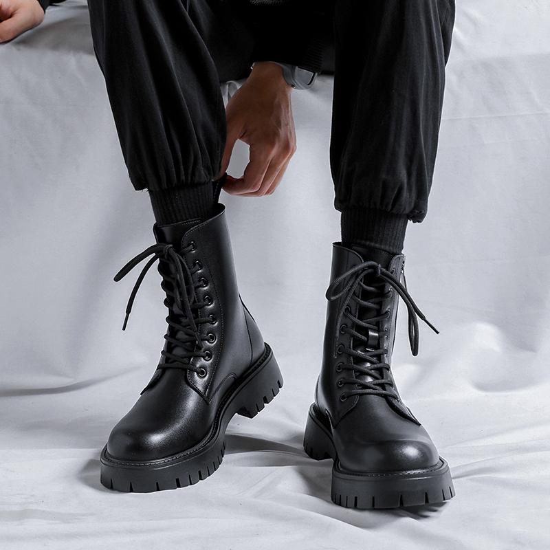 High-Top-Motorradstiefel für Herren Luxusmode Echtes Leder Schuhe Party Nachtclub Kleid Cowboy Plateau-Stiefel Lange Stiefel Mann