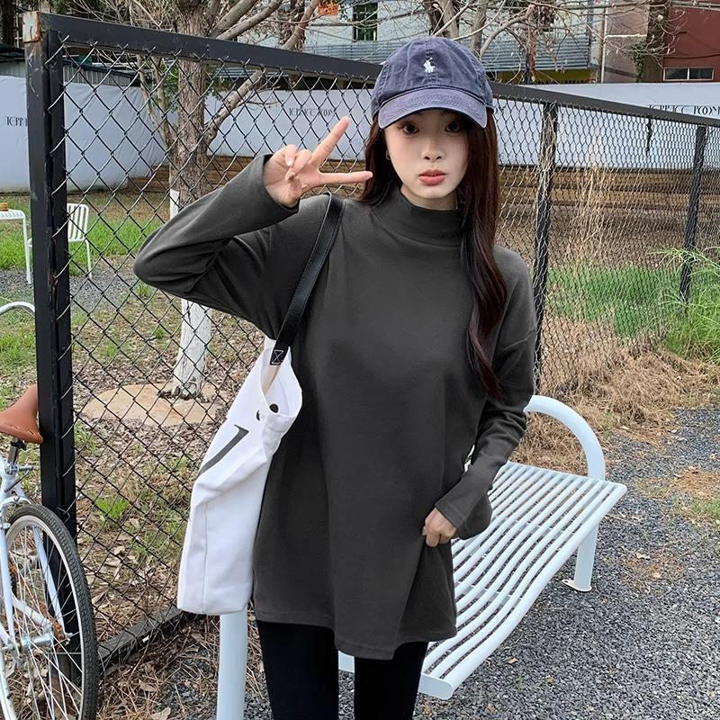 German Velvet Thickened Bottoming Shirt T-shirt for Women Autumn and Winter Half Turtleneck Loose Mid-length Sweatshirt Layered with Long-sleeved Top