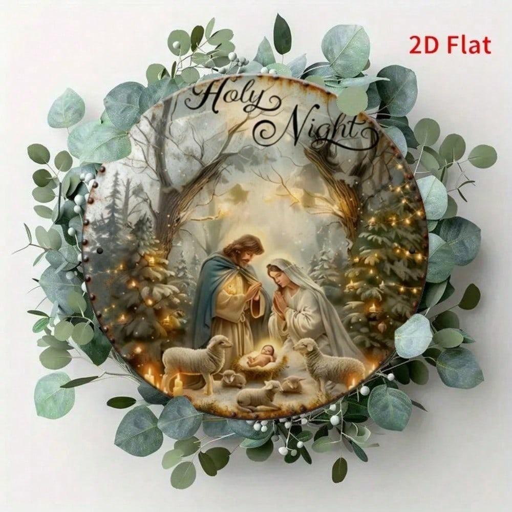 Vintage Catholic Nativity Scene Tin Sign 8 Inch Religious Wall Art Aluminum Metal Decor Indoor Outdoor Home Christmas Round