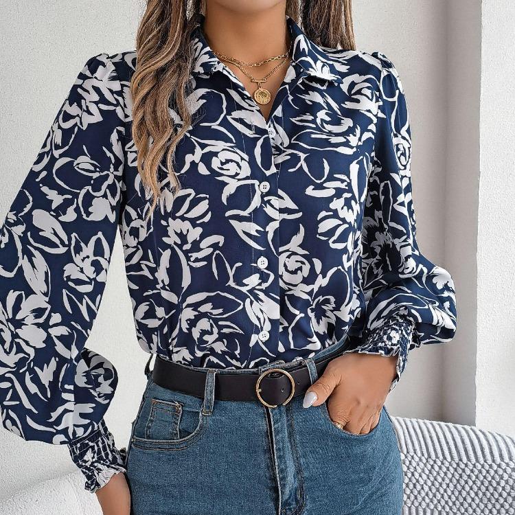 Elegante Bluse mit V-Ausschnitt und langen Ärmeln für Damen, Hemd mit Blumendruck für die Frühling- und Herbstsaison