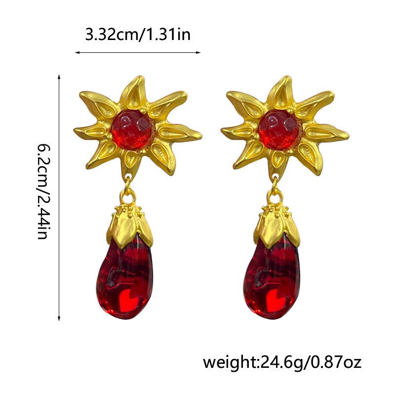 Vintage French Retro Sunflower Imitation Glass Drop Earrings