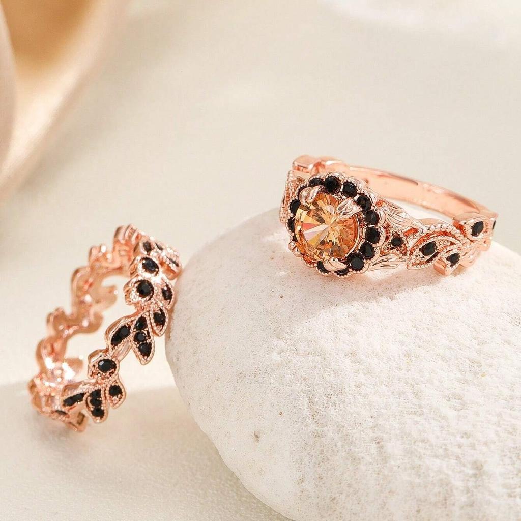 Fashion Women's Flower Leaf Inlaid Powder Zircon Ring Creative Rose Gold Color Leaves Design Bridal Engagement Wedding Ring Set