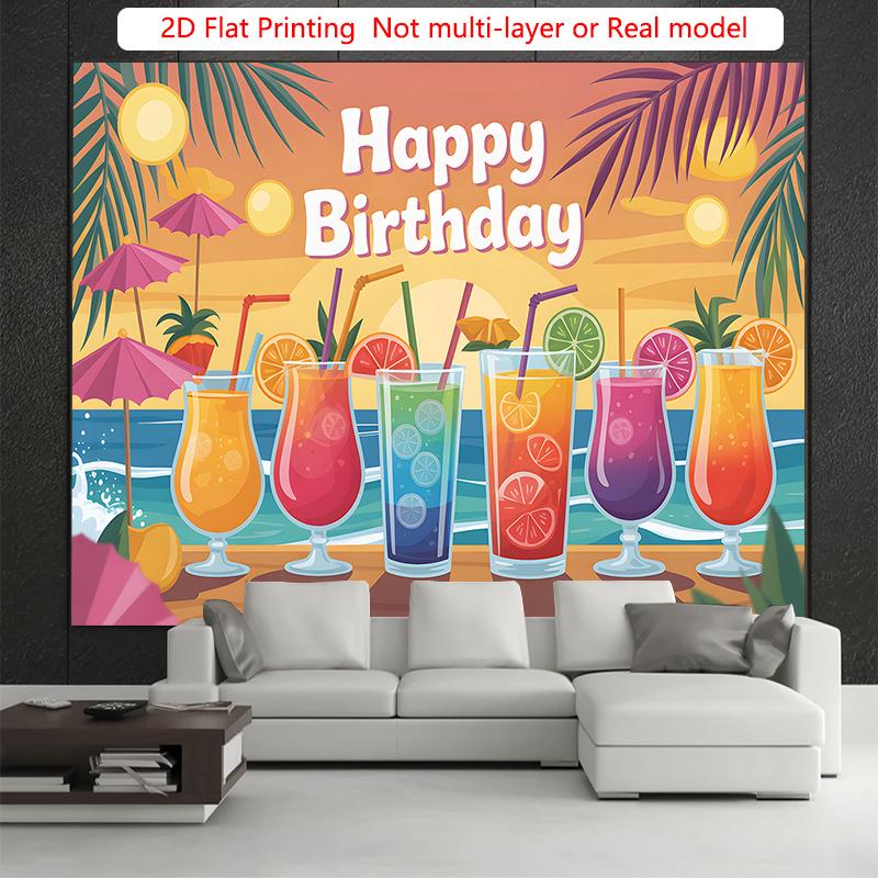 Party Backdrop Tropical Flat Drinks Umbrellas Sunset Scene Photo Booth Background Front Door Decor