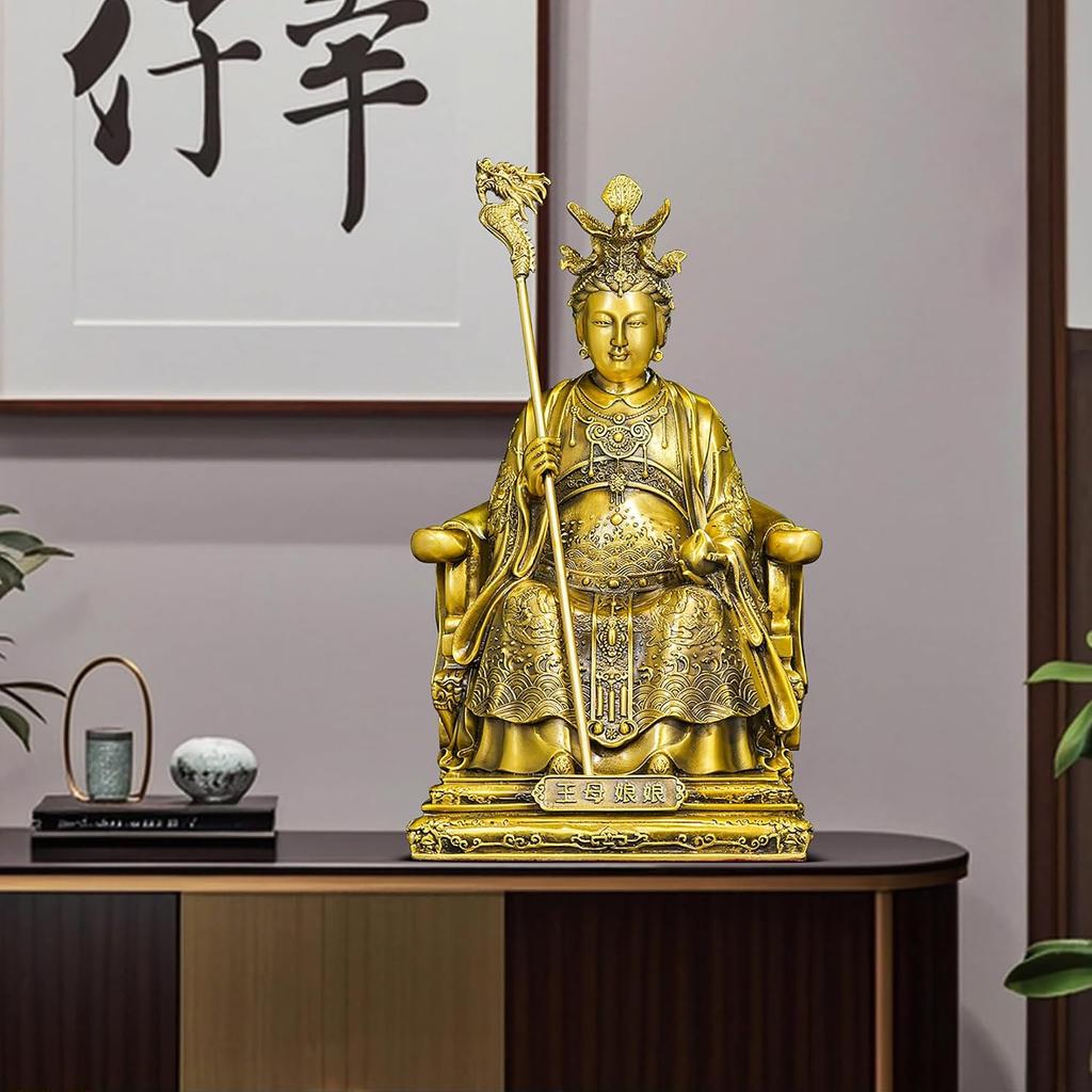 Estatua de latón Aris & Juno Reina Madre del Oeste Feng Shui – Figura china de longevidad y bendición para la entrada, escritorio de oficina en casa o decoración de estantería,