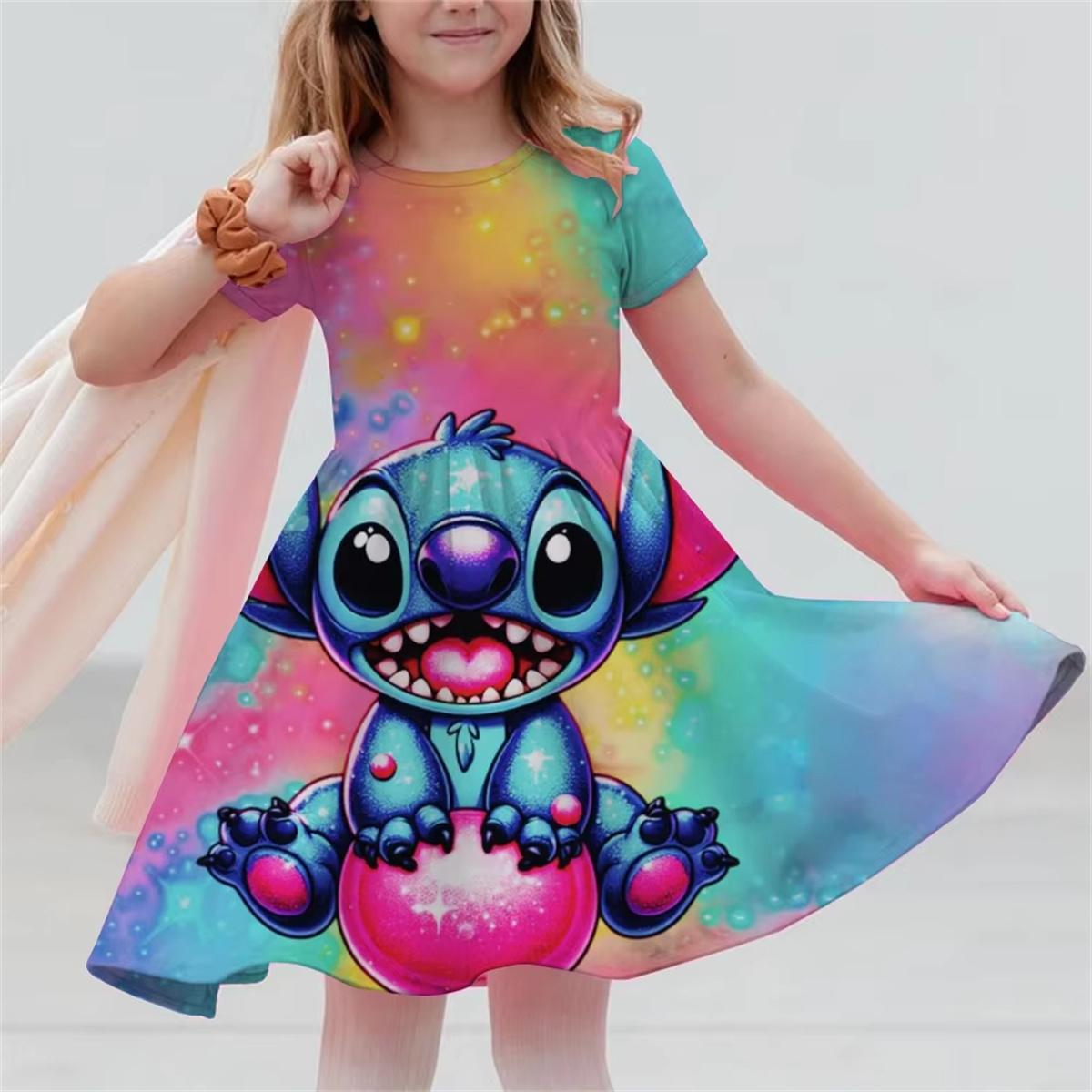 

Платье с коротким рукавом с 3D-принтом Disney Stitch Свободное и удобное Платье для вечеринки Повседневный досуг Для прогулок Для дома Девочка 3-14 лет 160