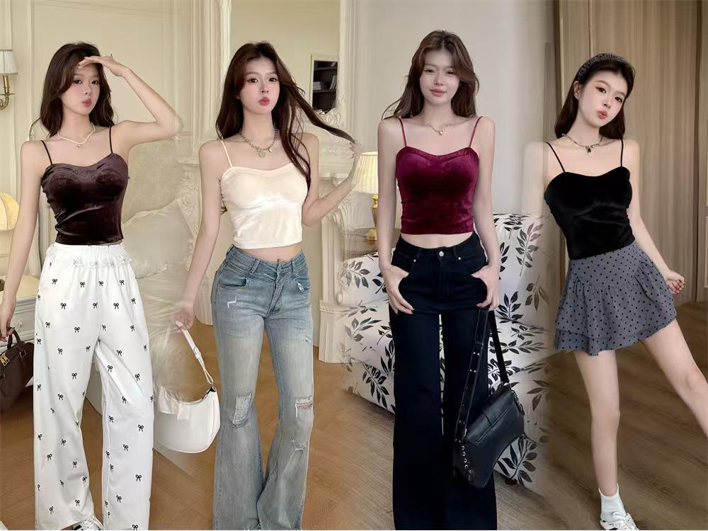 Women's Retro Velvet Bamboo Print Camisole with Chest Pads – Elegant Autumn/Winter Wear