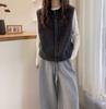 Women's Gray Wool Round Neck Cardigan Vest - 100% Wool, Perfect for Autumn/Winter Layering