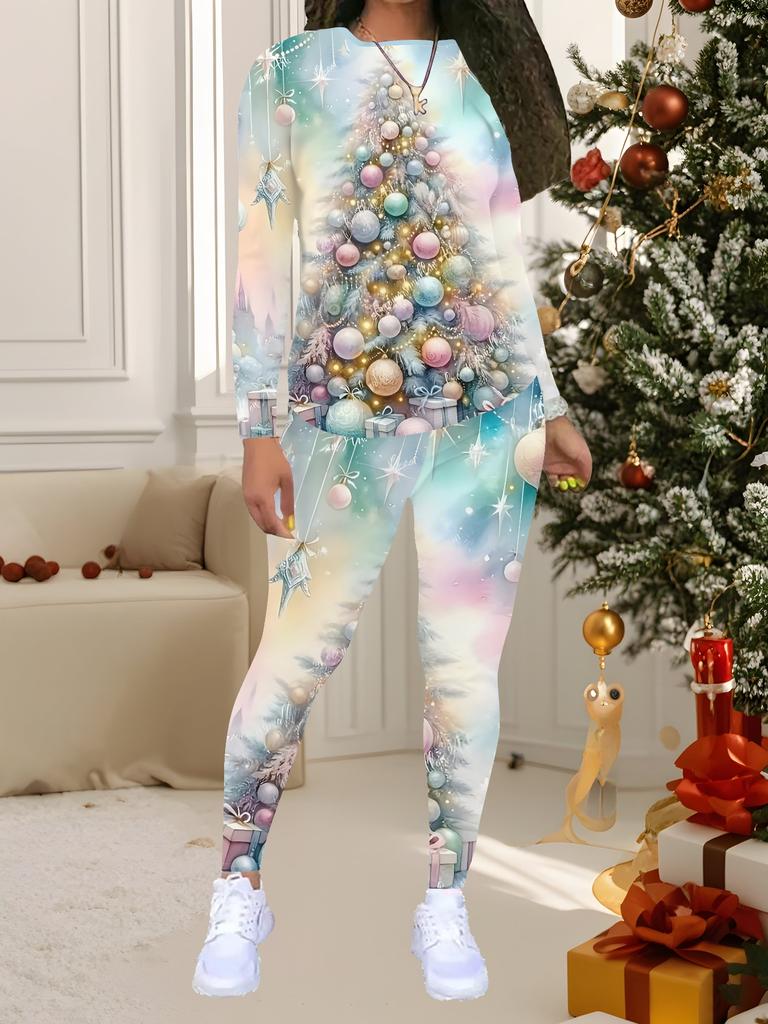 Damski 2-częściowy strój ze świątecznym nadrukiem: Top z długim rękawem z okrągłym dekoltem i spodnie, świąteczny limitowany casualowy strój na imprezę, prezent