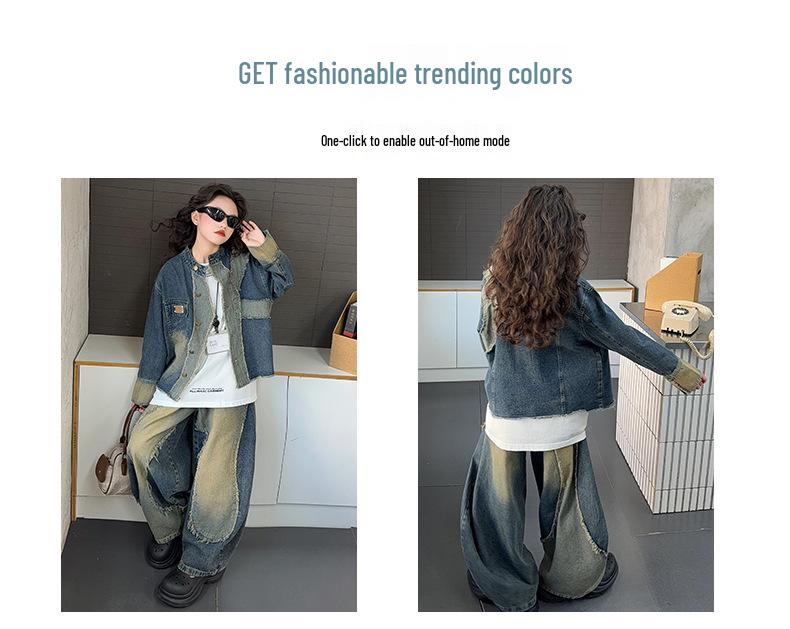 2025 Girls' Autumn Streetwear Outfit: Distressed Denim Jacket & Scimitar Pants Set