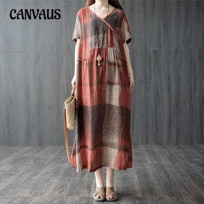 Plus Size Summer Women's Literary Loose Splicing Cotton Linen Printing V-neck Short-sleeved Dresses