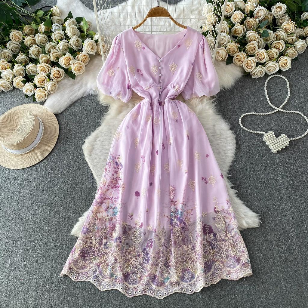 Summer Vintage Hollow Out Embroidered Midi Dress Women's V-neck Short Sleeve Elastic Waist Slim Long Dress