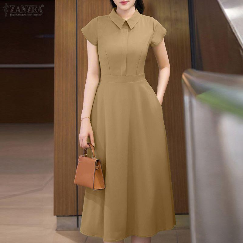 ZANZEA Rochie de vară cu mâneci scurte cu guler răsturnat pentru femei