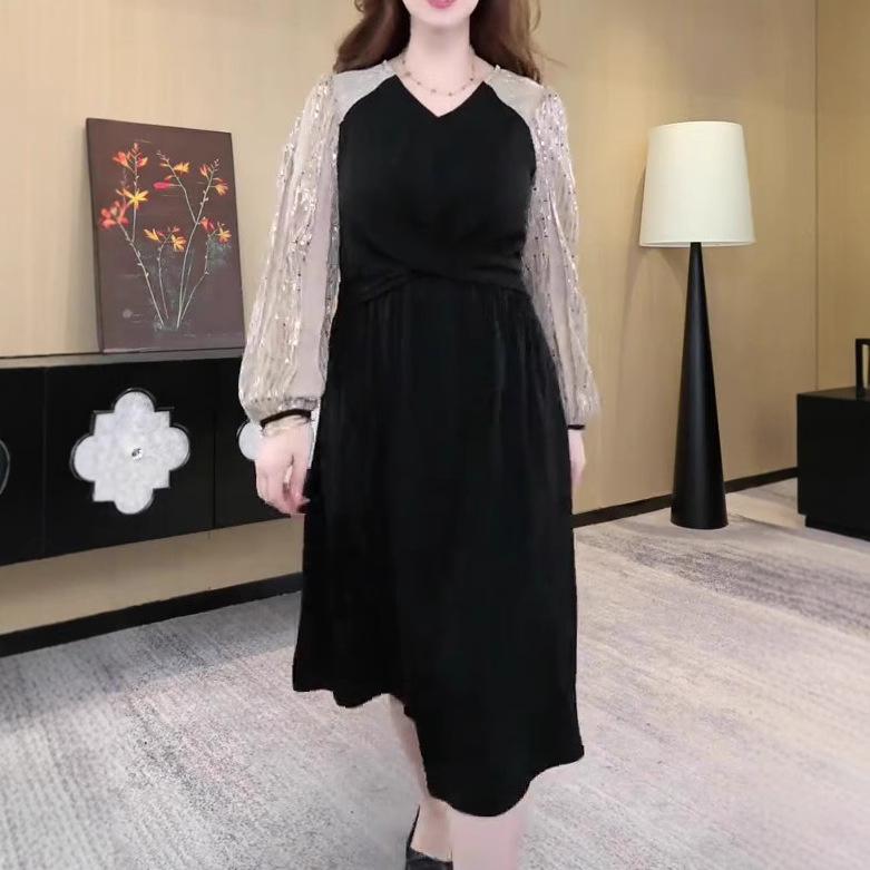 

Весеннее платье с пайетками для знаменитостей больших размеров, стройнящее - Роскошная женская мода M for 80-100 jin чёрный