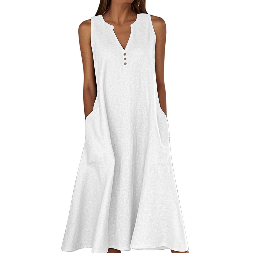 Women's Sleeveless V-Neck Button Front A-Line Dress with Side Pockets in Multiple Colors