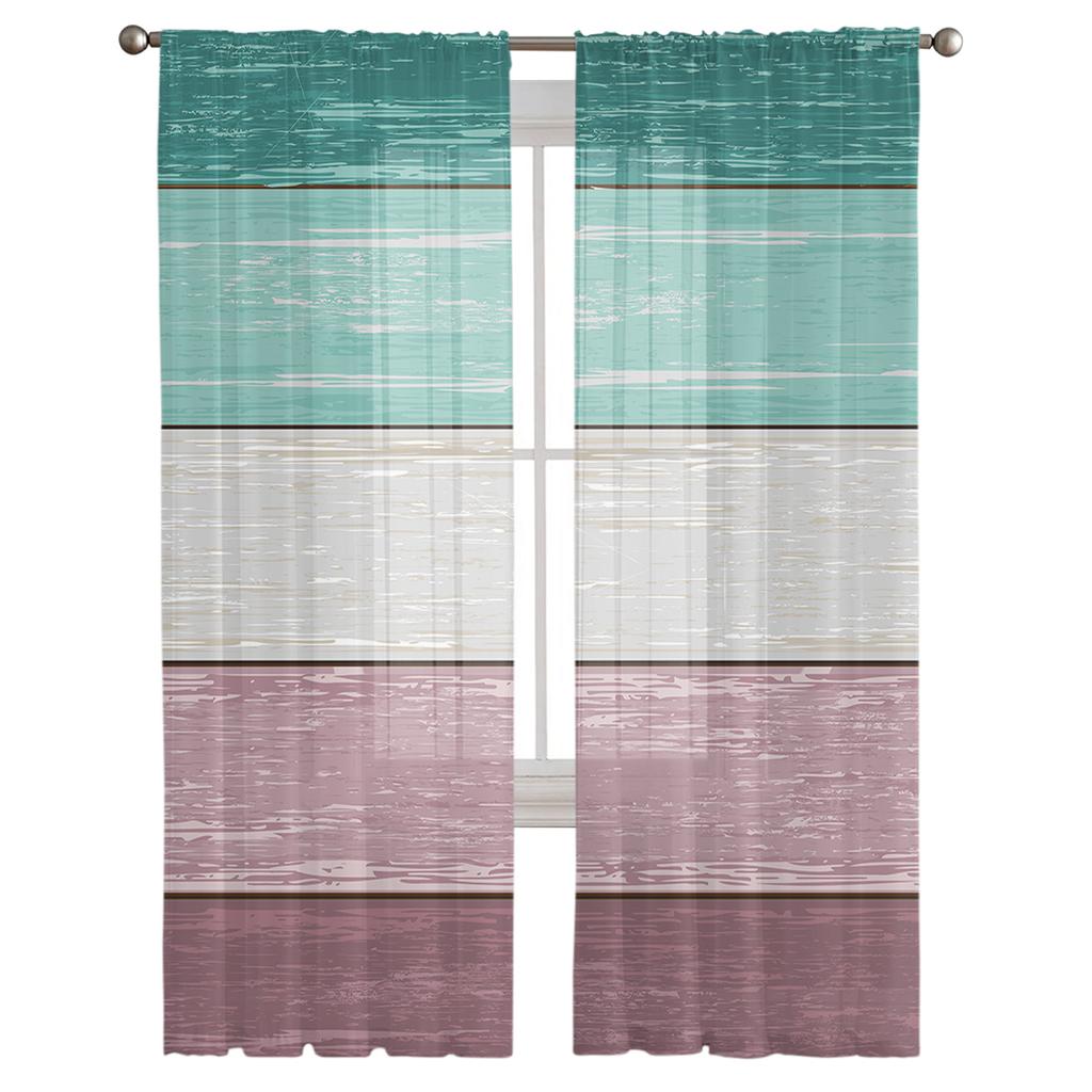 Faux Wood Grain Ocean Green Purple Gradient Voile Sheer Curtains Living Room Window Tulle Curtain Kitchen Bedroom Home Decor