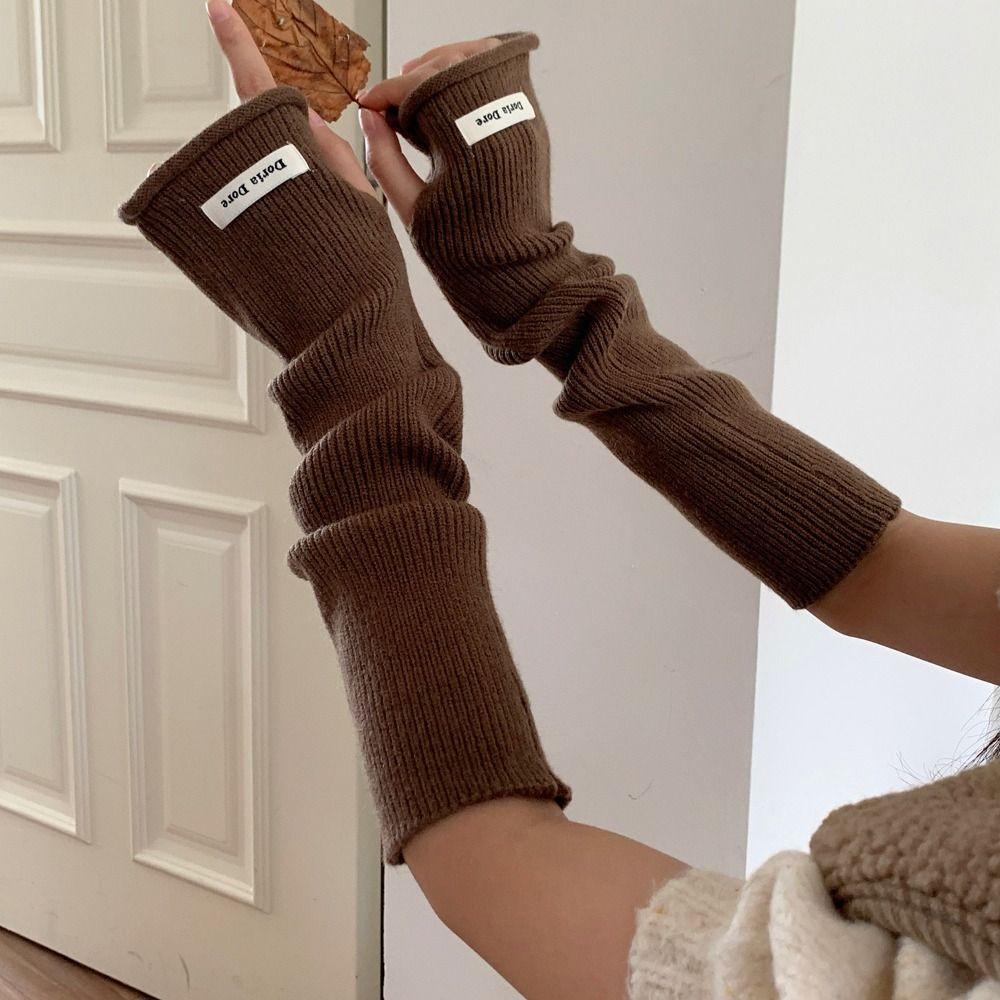 

Hole Woolen Arm Gloves Solid Color Long Fingerless Sleeves Breathable Warm Arm Covers Cycling style5