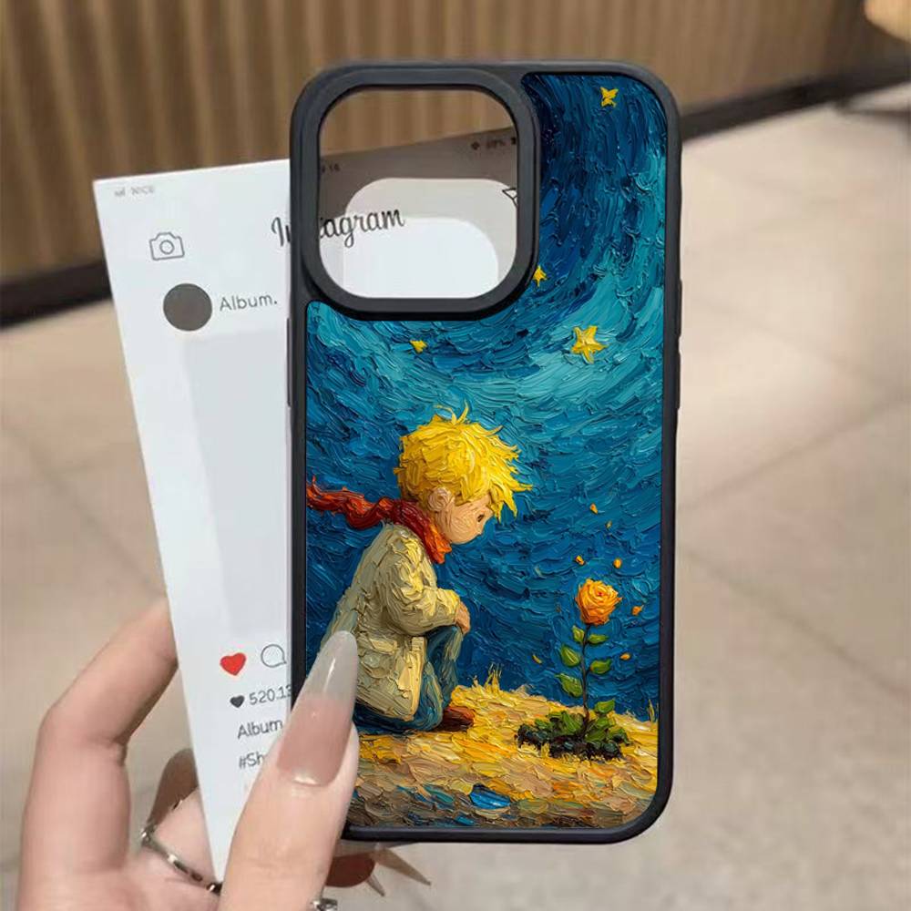 Oil Painting The Little Prince Black Silicone Hard Plastic Phone Case For Iphone 17 Air 16 15 14 13 12 11 Pro Max PC+TPU Cover