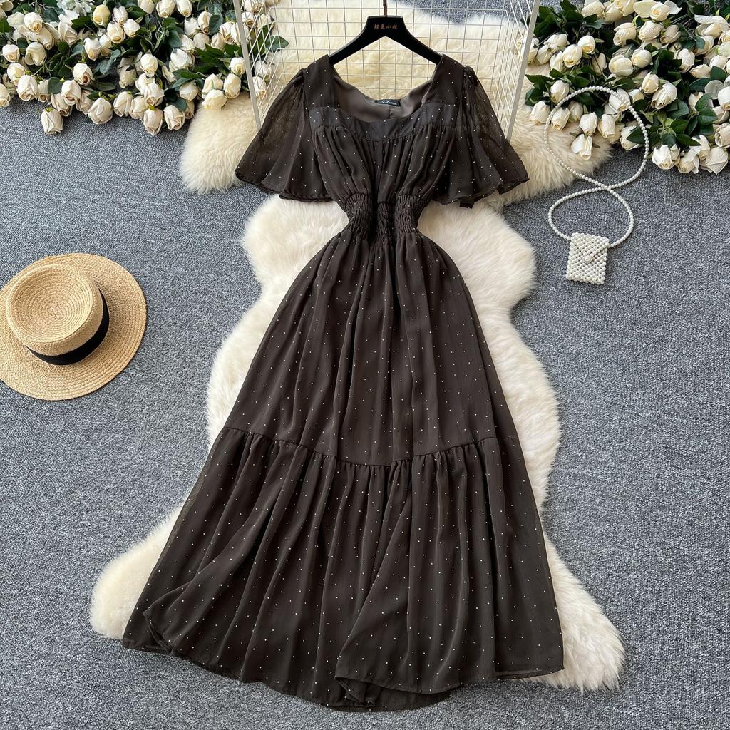 French retro square neck small flying sleeves waist hot diamond chiffon dress women's summer thin temperament drape long skirt