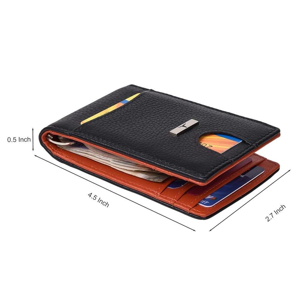 Eddy Black/Orange Money Clip Leather Wallet for Men - Minimal Leather Wallet for Men
