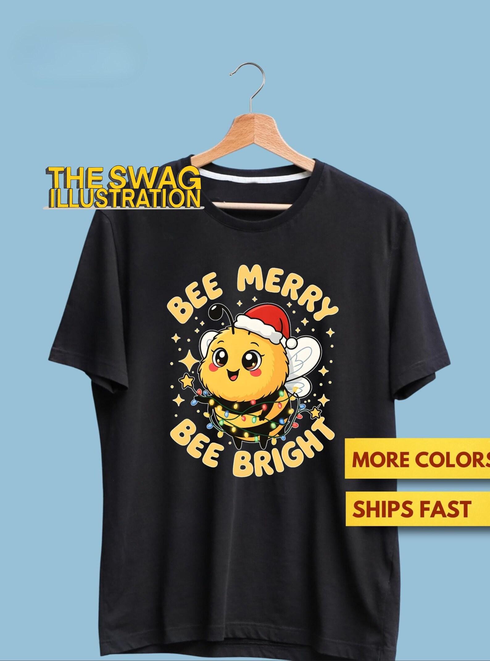 Bee Merry Bee Bright Cute Christmas Bee Lover Shirt, Cute Bee Christmas Lights Shirt, Cute & Funny Xmas Bee Pun Shirt, Punny Gift Soft Tee L