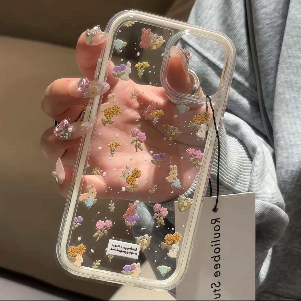 ins girl floral rabbit for iPhone17 mobile phone case Apple 15/16 cute 13 fresh 12 color edge 14 IPhone17ProMax